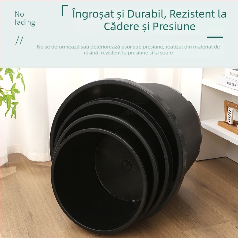 Ghiveci din plastic dur negru, gură rotundă, capacitate mare pentru pomi fructiferi, design rustic îngroșat, variante în mai multe dimensiuni