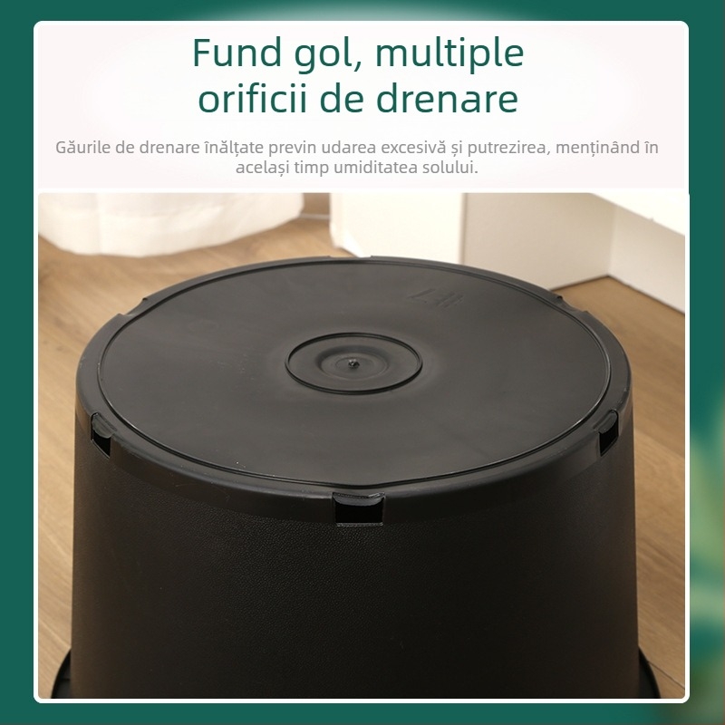 Ghiveci din plastic dur negru, gură rotundă, capacitate mare pentru pomi fructiferi, design rustic îngroșat, variante în mai multe dimensiuni