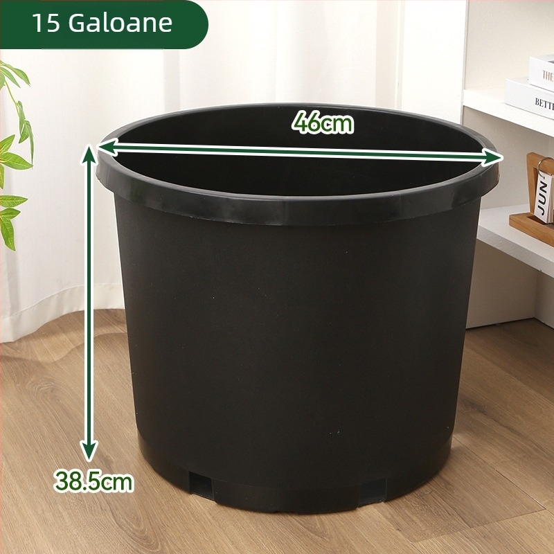 Ghiveci din plastic dur negru, gură rotundă, capacitate mare pentru pomi fructiferi, design rustic îngroșat, variante în mai multe dimensiuni
