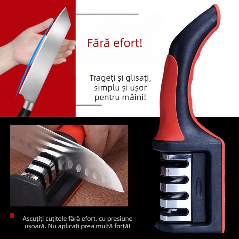 Ascuțitor de cuțite manual, cu trei trepte, pentru cuțite de bucătărie și foarfece