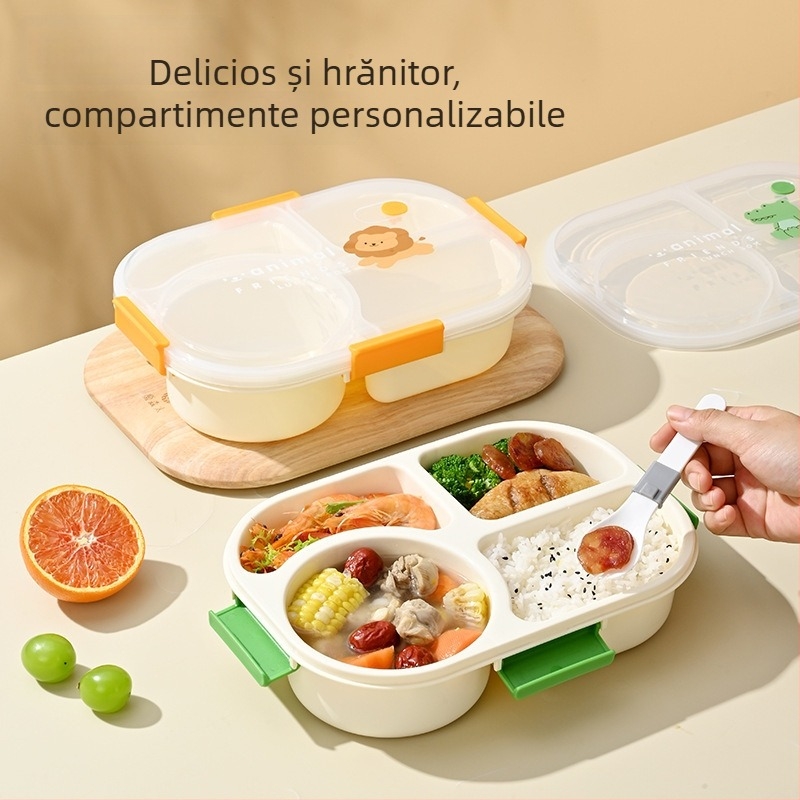 Cutie de prânz pentru elevi, sigilată, din plastic, cu patru compartimente, compatibilă cu microunde, portabilă