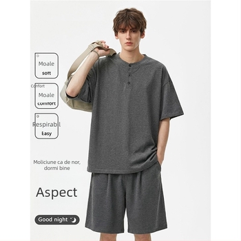 Set pijama bărbați vară 2026 – bumbac subțire, tricou cu mânecă scurtă și șort, confortabil pentru casă, potrivit și pentru exterior