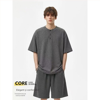 Set pijama bărbați vară 2026 – bumbac subțire, tricou cu mânecă scurtă și șort, confortabil pentru casă, potrivit și pentru exterior