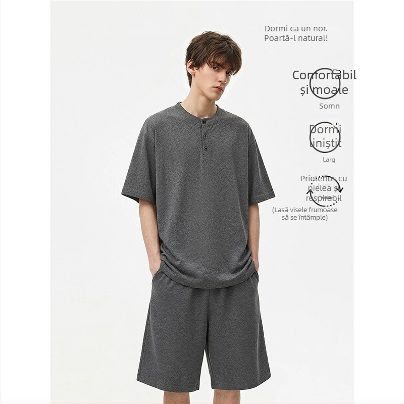 Set pijama bărbați vară 2026 – bumbac subțire, tricou cu mânecă scurtă și șort, confortabil pentru casă, potrivit și pentru exterior