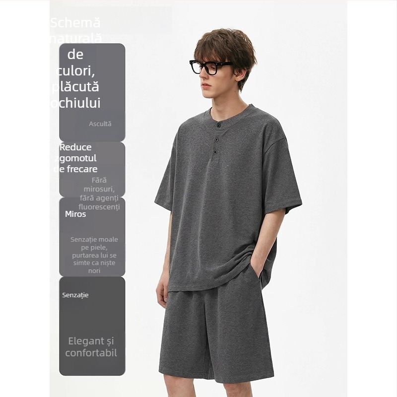 Set pijama bărbați vară 2026 – bumbac subțire, tricou cu mânecă scurtă și șort, confortabil pentru casă, potrivit și pentru exterior