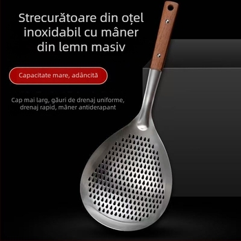 Lingură cu găuri din oțel inoxidabil, mâner din lemn – pentru prăjit, găluște și hot pot, strecurător de bucătărie