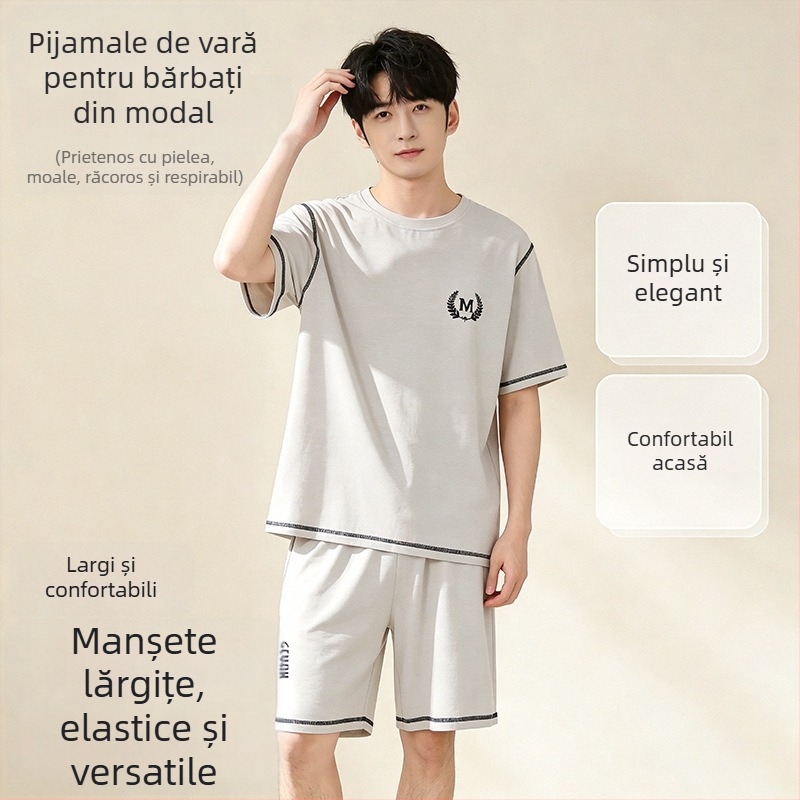 Set pijama bărbați din modal, vară 2026, tricou cu mânecă scurtă și șorturi, ușor, respirabil pentru casă