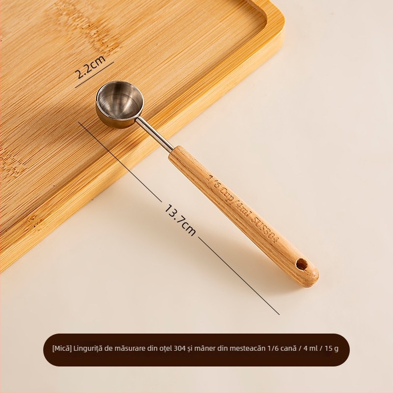 Lingură de măsurare a boabelor de cafea din oțel inoxidabil 304, mâner din lemn, realizată manual