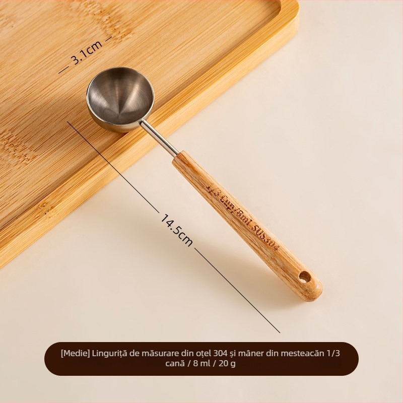 Lingură de măsurare a boabelor de cafea din oțel inoxidabil 304, mâner din lemn, realizată manual