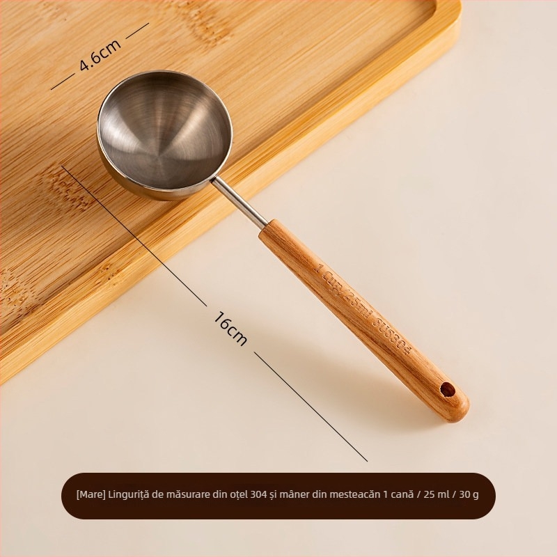 Lingură de măsurare a boabelor de cafea din oțel inoxidabil 304, mâner din lemn, realizată manual