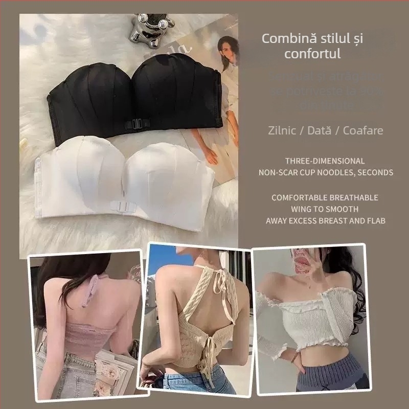 Sutien fără bretele cu închidere frontală, spate încrucișat, pentru sâni mici, push-up, fără cusături, silueta spatelui