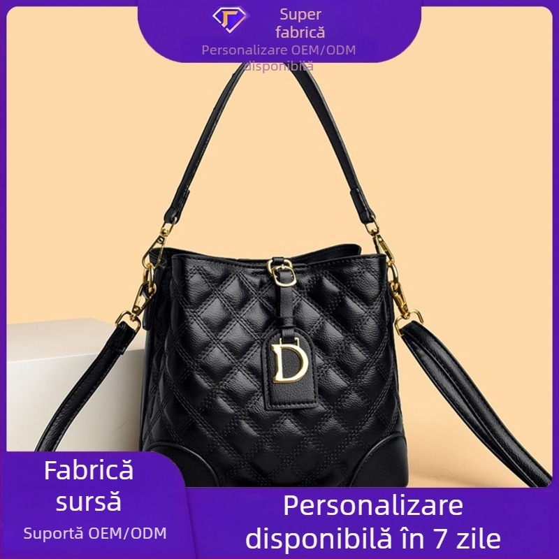 Geantă bucket pentru femei, cu quilting diamantat în model pătrat, curea din lanț, minimalistă și versatilă, capacitate mare, pe umăr sau crossbody.