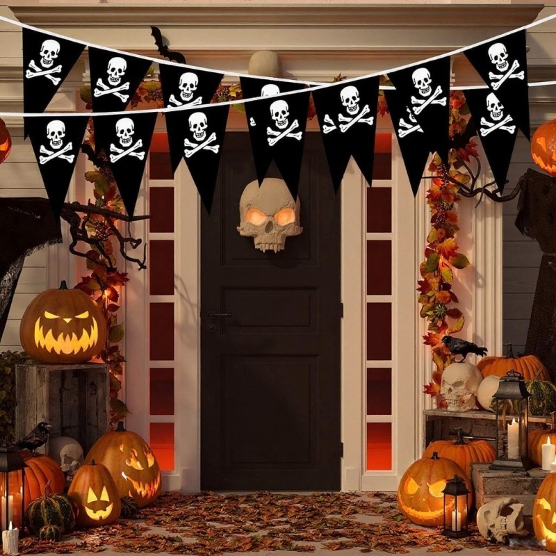 Steag triunghiular cu craniu de pirat, Halloween, țesătură PE, pentru interior/exterior