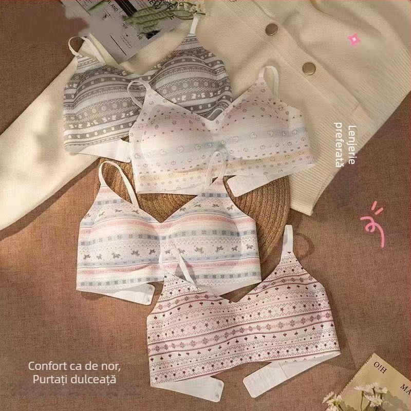 Sutien fără cusături, suport moale, model romantic Fair Isle, evidențierea sânilor mici, ridicare și push-up, confort fără arcuri