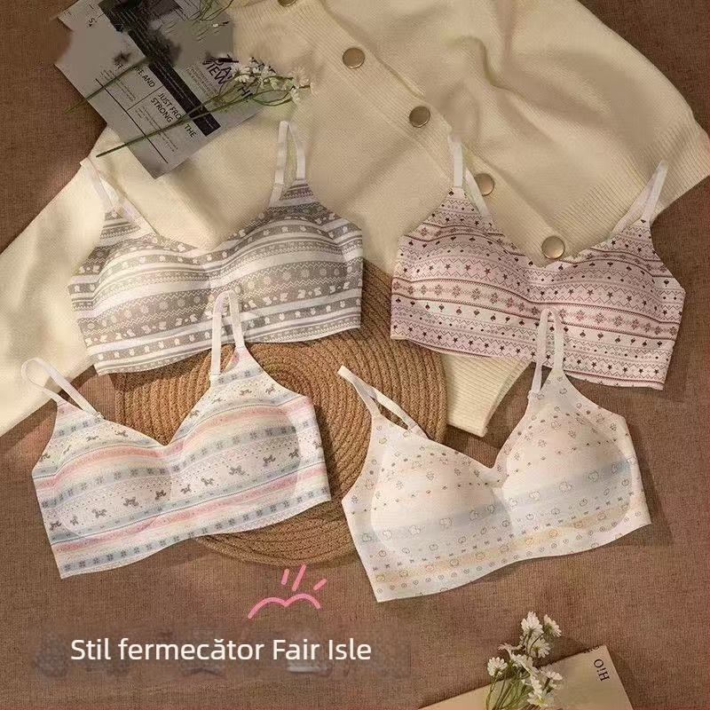 Sutien fără cusături, suport moale, model romantic Fair Isle, evidențierea sânilor mici, ridicare și push-up, confort fără arcuri