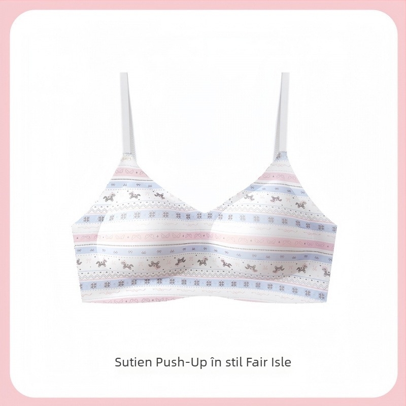 Sutien fără cusături, suport moale, model romantic Fair Isle, evidențierea sânilor mici, ridicare și push-up, confort fără arcuri