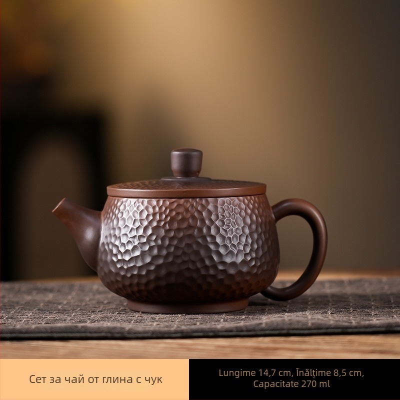 Ceainic din ceramică mov din Yunnan, lucrat manual, textură ciocanată, stil Fengming Han Tile, capacitate mare, set ceai de lux pentru casă în cutie cadou