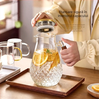 Carafă pentru apă rece cu mâner din lemn, sticlă borosilicat de înaltă calitate, capac din oțel inoxidabil, mare capacitate, carafă de suc pentru uz casnic