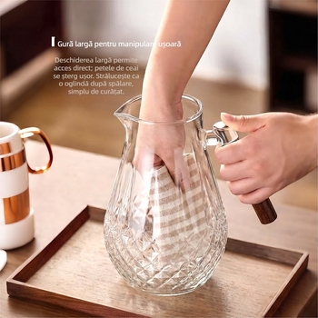 Carafă pentru apă rece cu mâner din lemn, sticlă borosilicat de înaltă calitate, capac din oțel inoxidabil, mare capacitate, carafă de suc pentru uz casnic