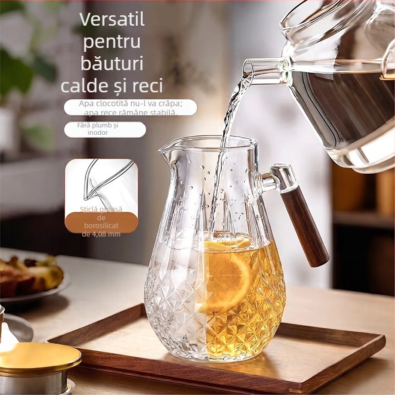 Carafă pentru apă rece cu mâner din lemn, sticlă borosilicat de înaltă calitate, capac din oțel inoxidabil, mare capacitate, carafă de suc pentru uz casnic