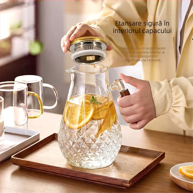 Carafă pentru apă rece cu mâner din lemn, sticlă borosilicat de înaltă calitate, capac din oțel inoxidabil, mare capacitate, carafă de suc pentru uz casnic