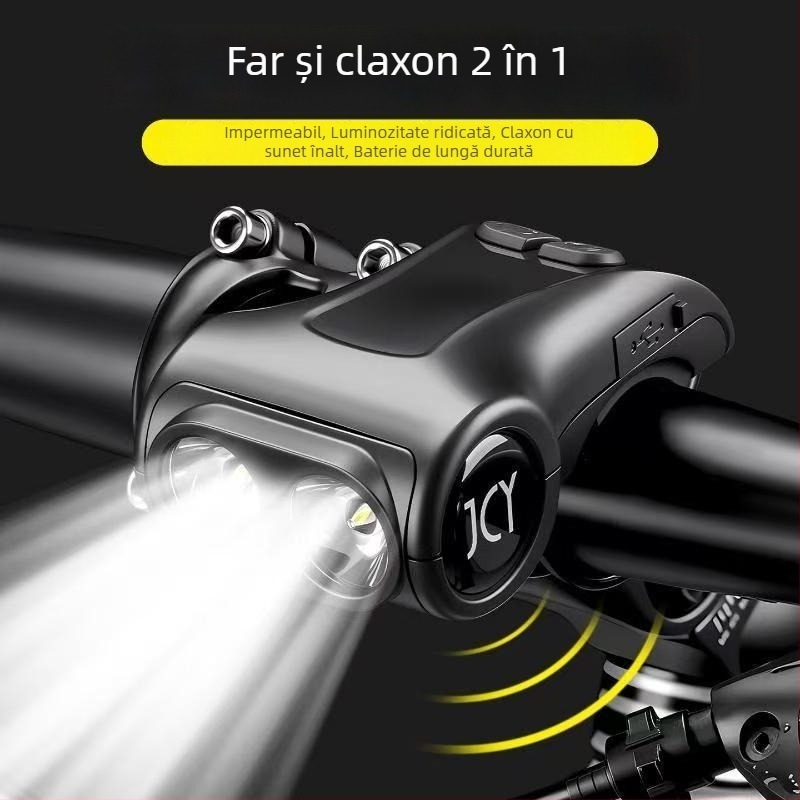 Lumină pentru bicicletă cu claxon și încărcare USB-C, două în unu, pentru biciclete de munte și de drum