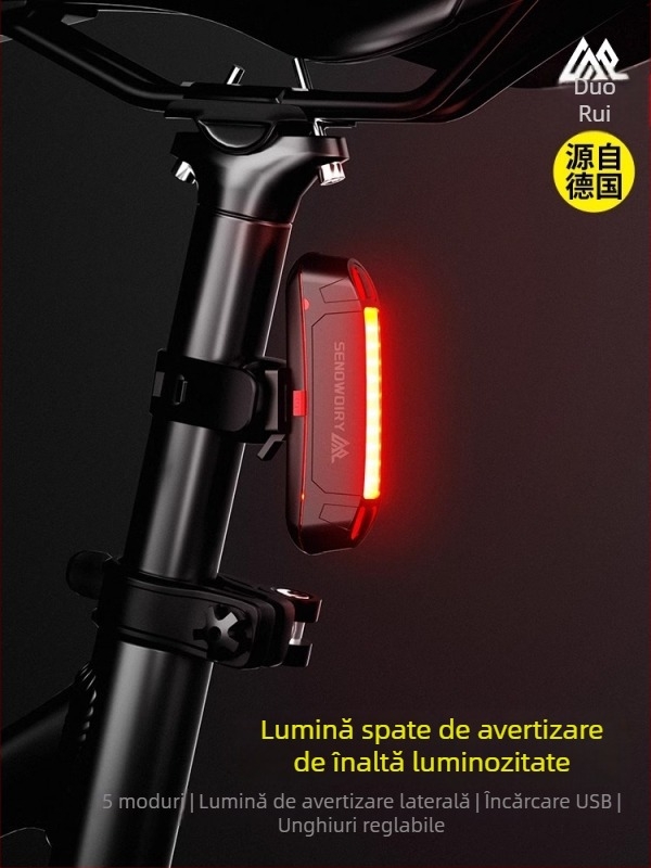 Lumină spate reîncărcabilă pentru bicicletă, pentru plimbări nocturne, încărcare USB, montare cu curea pentru MTB și biciclete de oraș