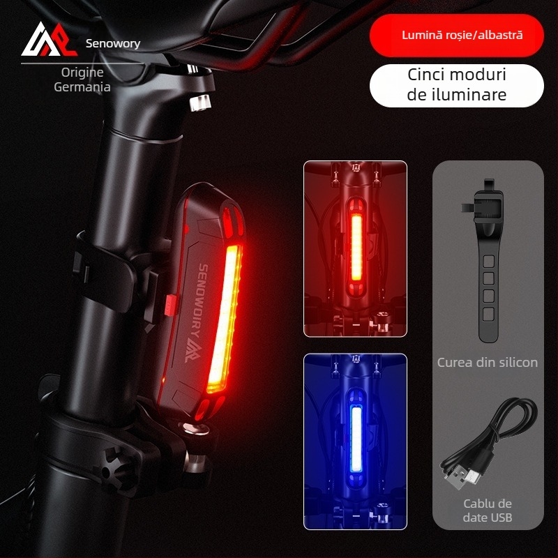 Lumină spate reîncărcabilă pentru bicicletă, pentru plimbări nocturne, încărcare USB, montare cu curea pentru MTB și biciclete de oraș