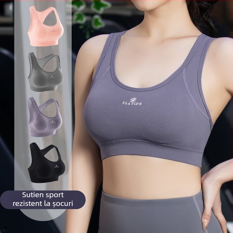 Maiou sport antișoc cu pernuțe pentru sân, fără fir, respirabil, absorbant de sudoare, modelator pentru femei