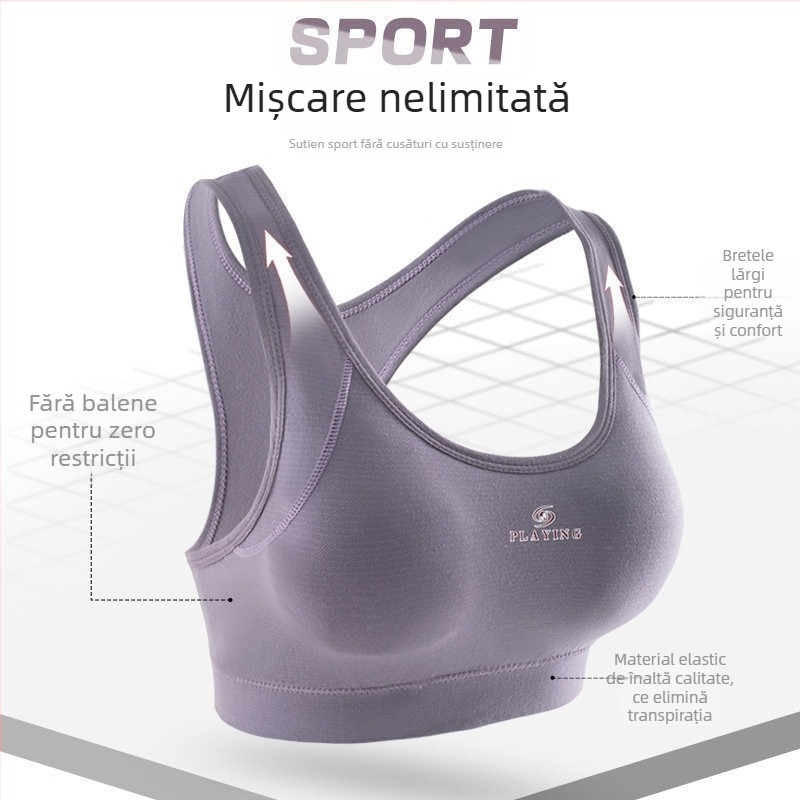 Maiou sport antișoc cu pernuțe pentru sân, fără fir, respirabil, absorbant de sudoare, modelator pentru femei