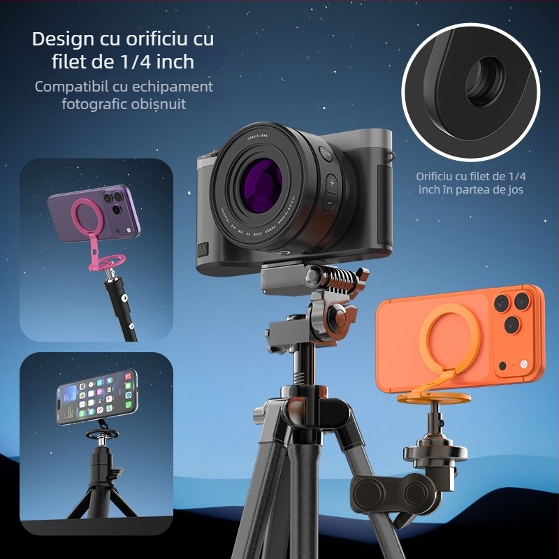 Suport magnetic dublu pentru telefon cu MagSafe, suport de birou metalic pliabil pentru echipamente foto cu filet de 1/4 inch
