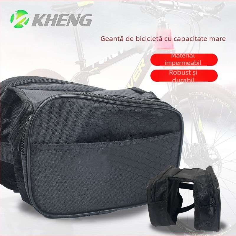 Geantă pentru cadrul bicicletei de munte cu compartimente pentru tubul superior și șa, buzunar pentru telefon