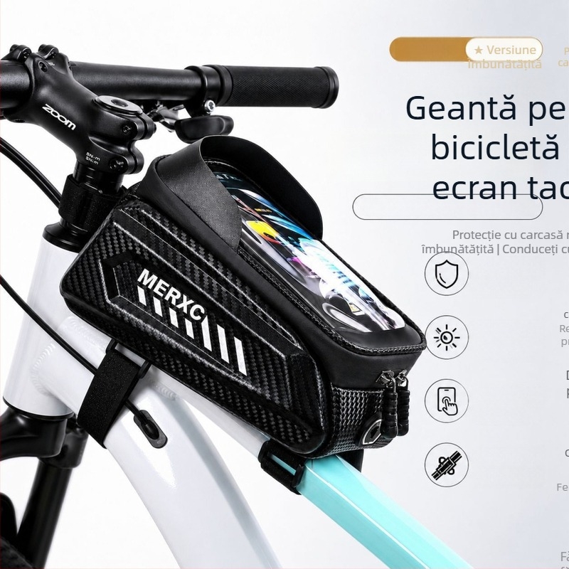 Geantă pentru bicicletă cu carcasă rigidă, impermeabilă, pentru cadru frontal și tubul superior, cu fereastră tactilă pentru telefon