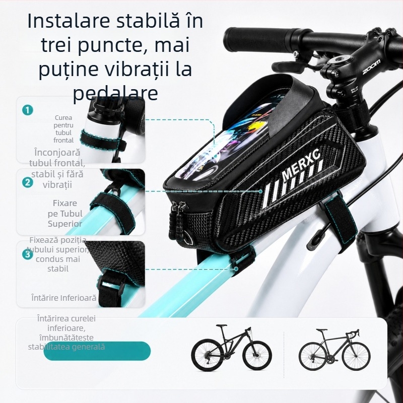 Geantă pentru bicicletă cu carcasă rigidă, impermeabilă, pentru cadru frontal și tubul superior, cu fereastră tactilă pentru telefon