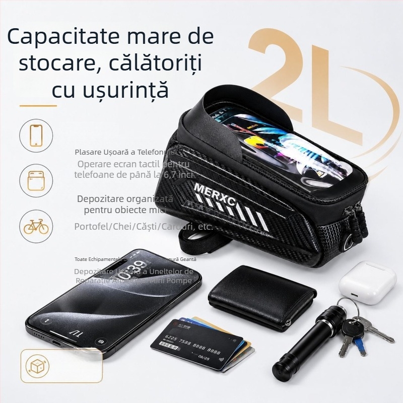 Geantă pentru bicicletă cu carcasă rigidă, impermeabilă, pentru cadru frontal și tubul superior, cu fereastră tactilă pentru telefon