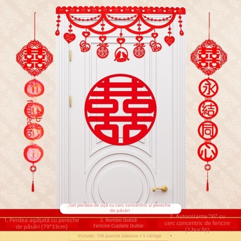 Decorațiune de perete cu Dublă Fericire pentru nuntă și sufragerie, țesătură nețesută, panglici colorate, stil chinezesc