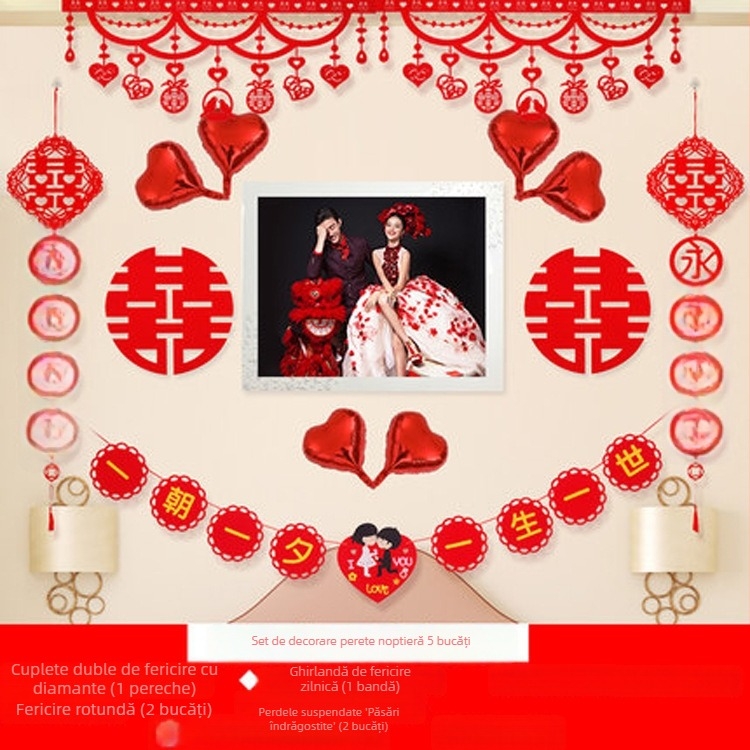 Decorațiune de perete cu Dublă Fericire pentru nuntă și sufragerie, țesătură nețesută, panglici colorate, stil chinezesc