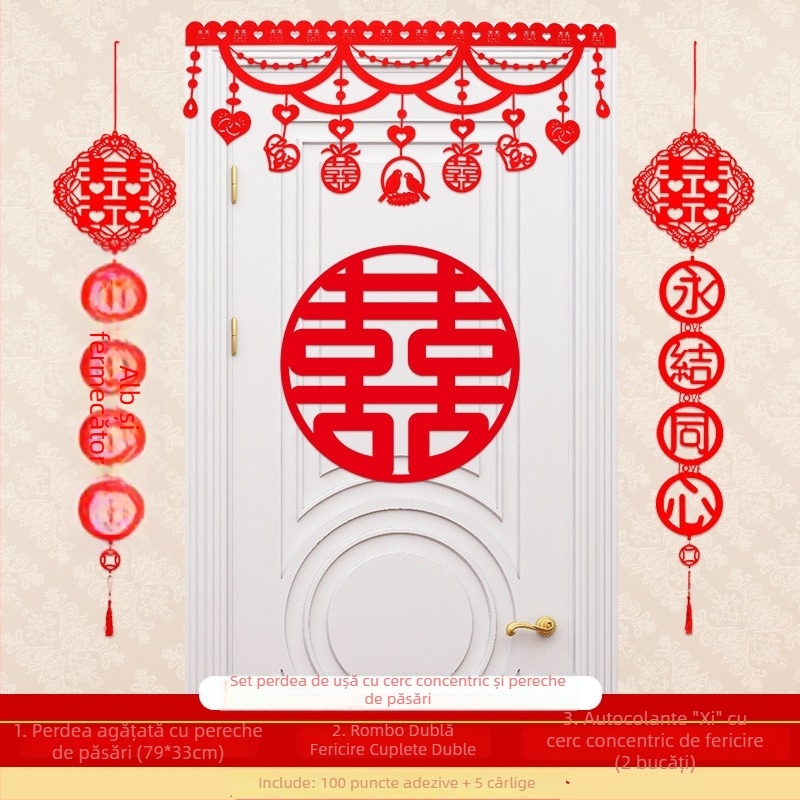 Decorațiune de perete cu Dublă Fericire pentru nuntă și sufragerie, țesătură nețesută, panglici colorate, stil chinezesc