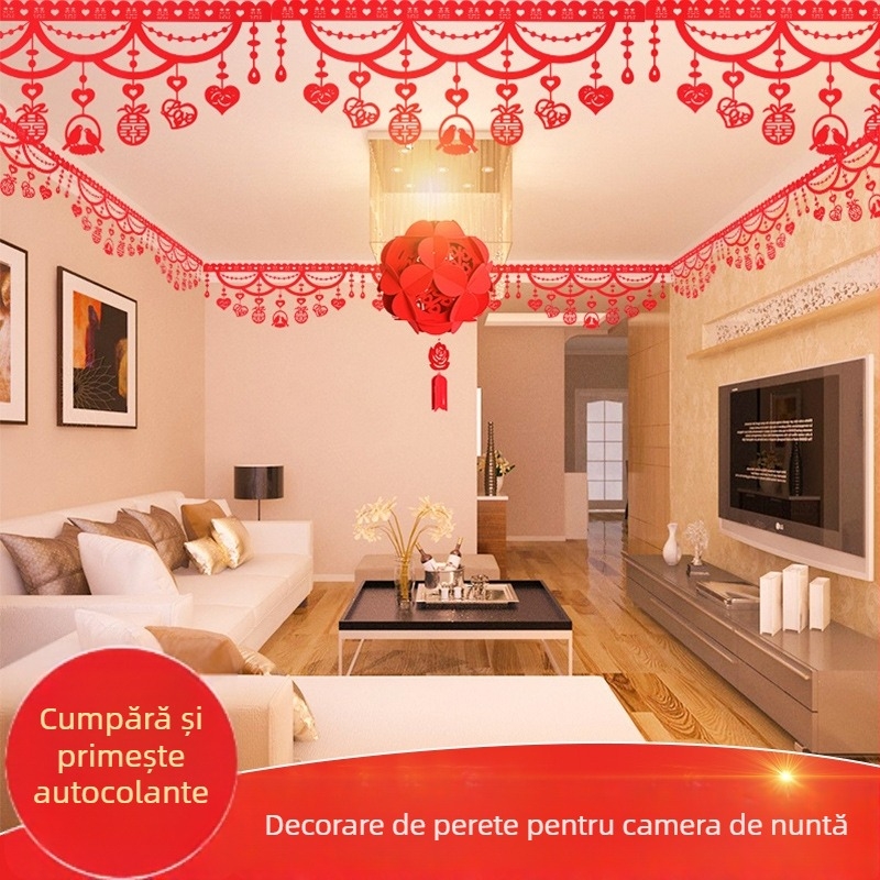 Decorațiune de perete cu Dublă Fericire pentru nuntă și sufragerie, țesătură nețesută, panglici colorate, stil chinezesc