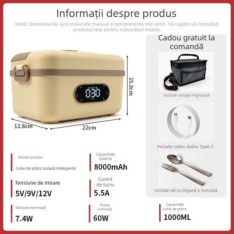 Cutie de prânz electric izolată, fără apă adăugată, cu temporizator USB, oțel inoxidabil 304, portabilă pentru mașină