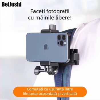 Suport de telefon pentru rucsac — montură pe piept cu clemă rotativă, filmare din perspectiva primelor persoane