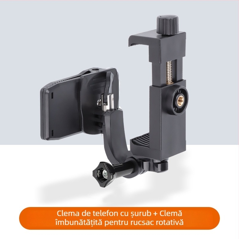 Suport de telefon pentru rucsac — montură pe piept cu clemă rotativă, filmare din perspectiva primelor persoane