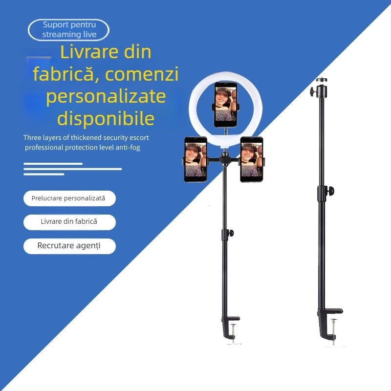 Suport de birou pentru telefon cu LED inelar, pentru transmisiuni live, selfie de înfrumusețare și filmări pentru vlogger, braț telescopic