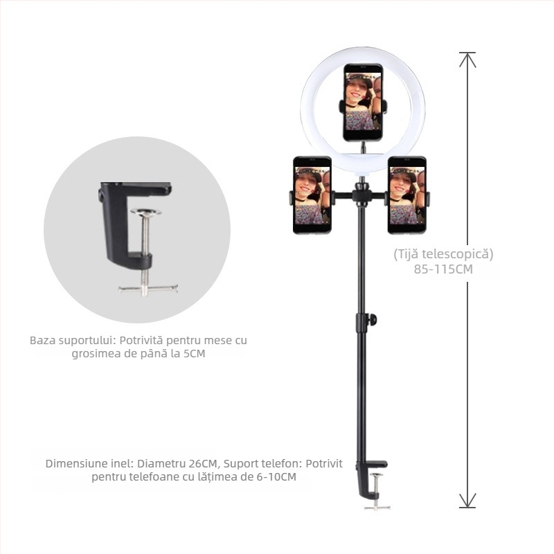 Suport de birou pentru telefon cu LED inelar, pentru transmisiuni live, selfie de înfrumusețare și filmări pentru vlogger, braț telescopic
