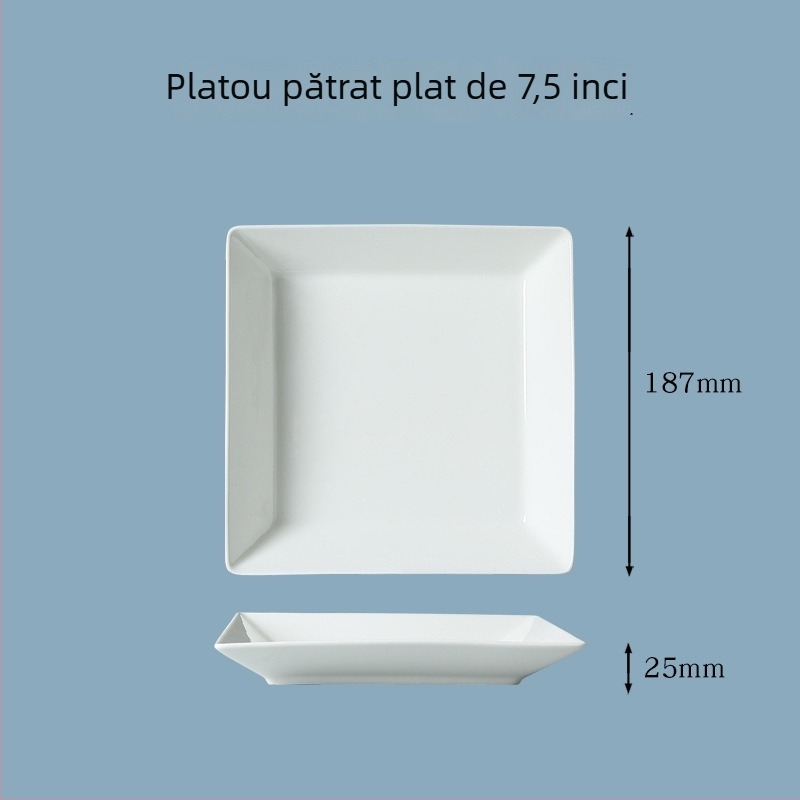 Farfurie pătrată din porțelan, albă, 18 cm, compatibilă cu microunde, finisaj glazurat, design modern minimalist, pentru steak, sushi, desert și feluri reci, uz casnic