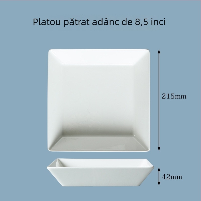 Farfurie pătrată din porțelan, albă, 18 cm, compatibilă cu microunde, finisaj glazurat, design modern minimalist, pentru steak, sushi, desert și feluri reci, uz casnic