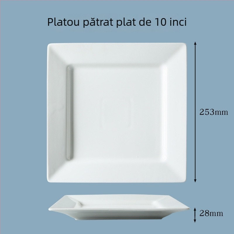 Farfurie pătrată din porțelan, albă, 18 cm, compatibilă cu microunde, finisaj glazurat, design modern minimalist, pentru steak, sushi, desert și feluri reci, uz casnic