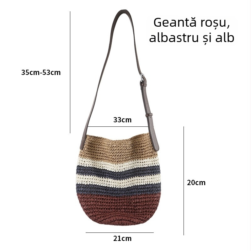 Geantă de umăr cu capacitate mare, design bucket cu dungi retro din sfoară de hârtie, închidere magnetică, textură țesută