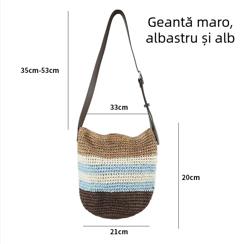 Geantă de umăr cu capacitate mare, design bucket cu dungi retro din sfoară de hârtie, închidere magnetică, textură țesută
