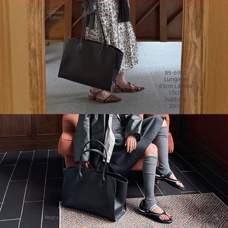 Geantă mare din piele naturală, piele de vițel, design de umăr cu aripioare, tote spațioasă, geantă zilnică de lux